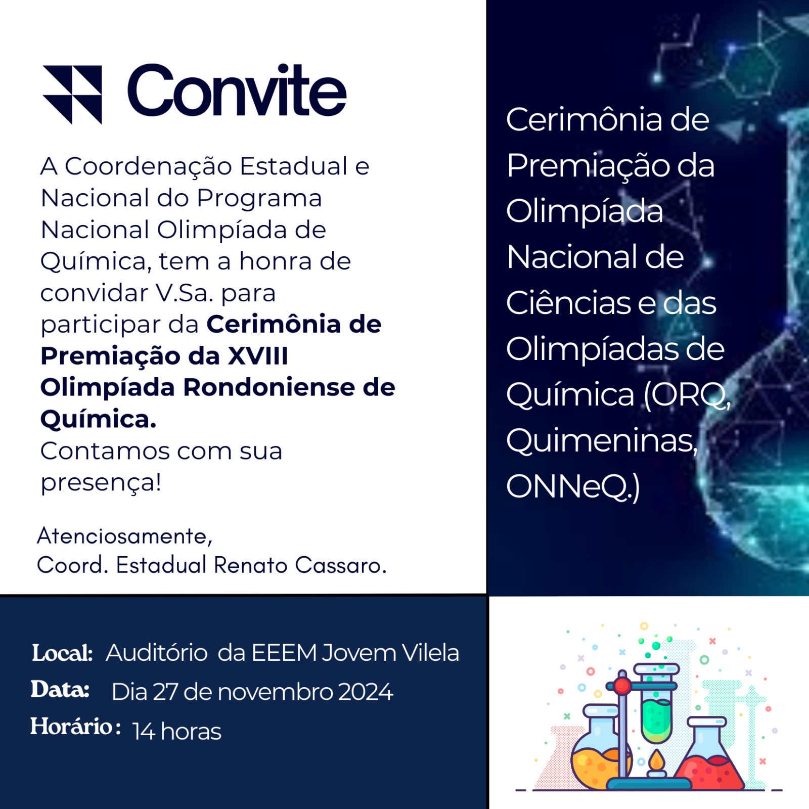 Convite para cerimônia final das Olimpíadas ONC, ONEE e PNOQ
